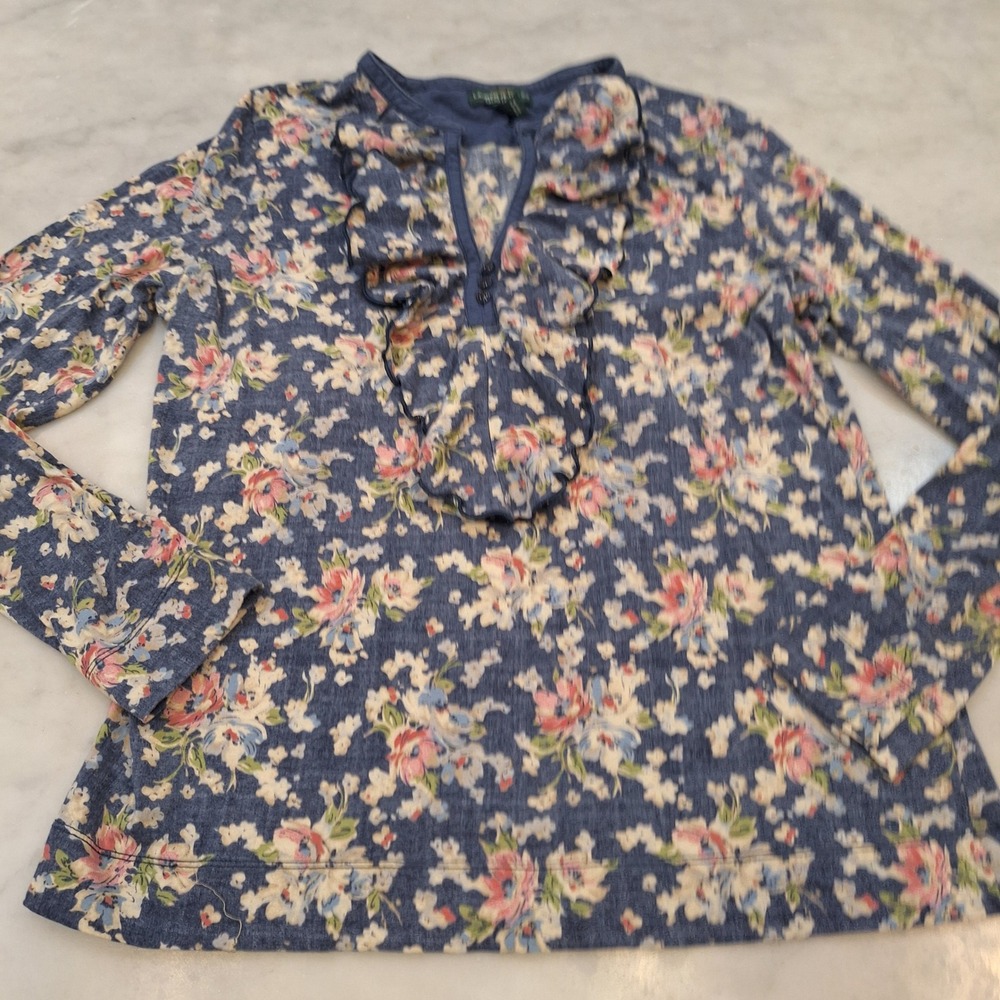 Lauren Ralph Lauren Floral Top Wom Sz Lg Blue Ruffle Henley Long Sleeve Preppy